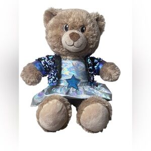 Build-A-Bear 16" Brown Bear Plush & Silver metallic dress & blue sequin jacket